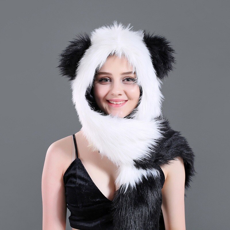 European and American panda hat scarf gloves all-match three-piece cartoon animal hat imitation fur scarf