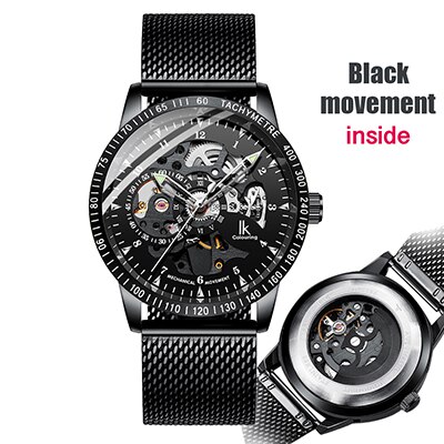 Ik färglägg herrklockor mesh flätat band i rostfritt stål automatisk mekanisk manlig klocka skelett steampunk relogio masculino: B1