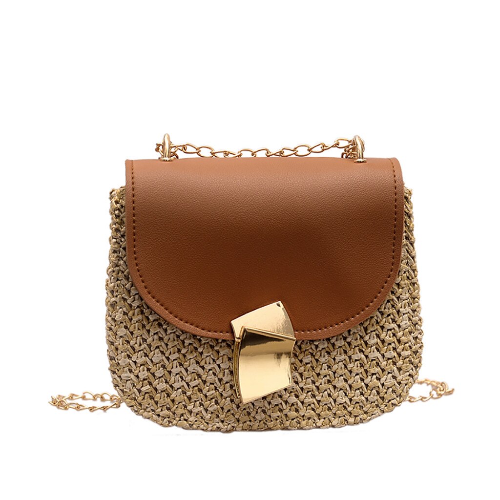 Vrouwen Messenger Bag Stro Strand Geweven Rotan Tas Ketting Band Vrouwelijke Schoudertas Kleine Dames Crossbody Flap Bag Bolsa Feminina: Bruin