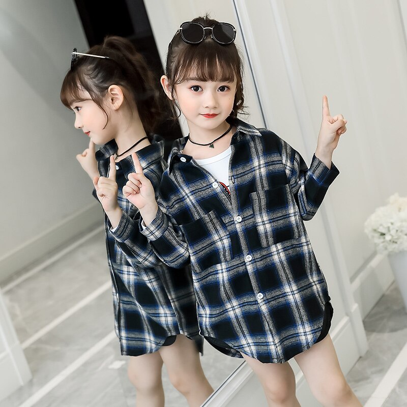 Camisa larga para niñas, ropa informal para primavera y otoño, Blusa de algodón a cuadros, camisas de manga larga para niños de 6, 8, 10 y 12 años