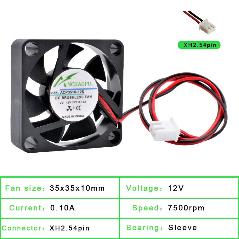 Acp 3510 3.5cm 35mm vifte 35 x 35 x 10mm dc5v 12v 24v 2 ledninger 2 pinner til kjølevifte til mikroenhetsruterprojektor: 12v