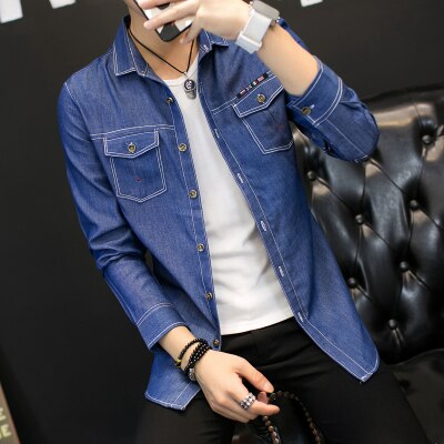 Jeansskjorta herr snygg casual slim fit herr långärmade skjortor solid bomull fram dubbelficka jeansskjortor herr: Mörkblå / 4xl