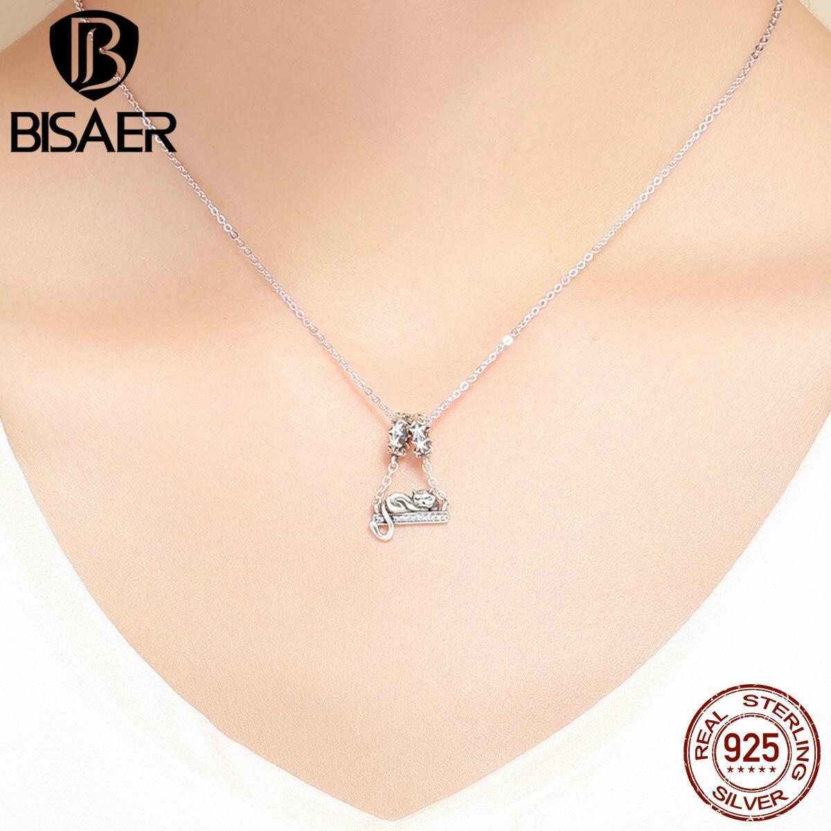 BISAER 925 Sterling Silver Sleeping Cat Charms Luminous Star Beads fit for Charm Bracelets Authentic Silver 925 Jewelry Making