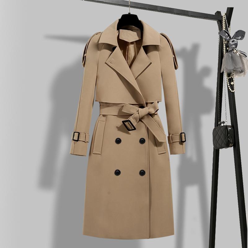 Ailegogo-Trench-Coat Vintage pour femmes, à Double boutonnage, col rabattu, Trench avec ceinture, collection automne-hiver élégante: Kaki / XL