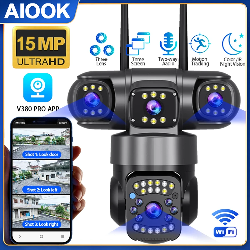 Aiook säkerhetskamera  hd 15mp tre linser wifi ip-kamera utomhus  ip66 vattentät nattseende mobilspårning  v380 pro kamera