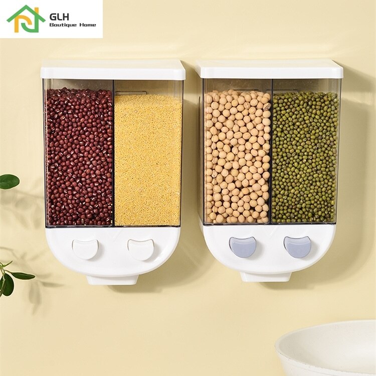 2L Kitchen Whole Grains Cereal Dispenser Divided Sealed Storage Tank 2 Grids Wall-Mounted Food Storage Containers