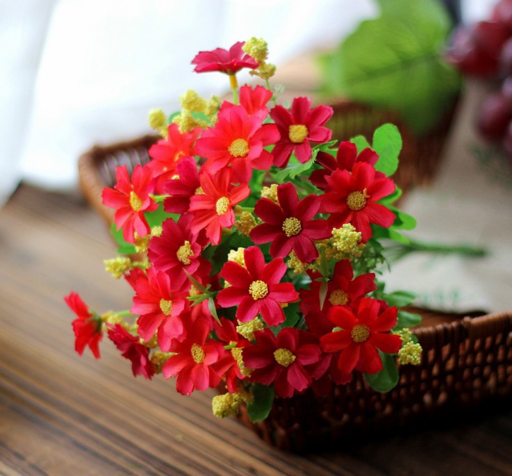 Jedwabne stokrotki Sztuczne kwiaty dekoracyjne, Bukiet ślubny DIY, Dom, Stół, Dekoracja biura, Śliczne, 1 szt., 3 szt., 5 szt.: L / Czerwony