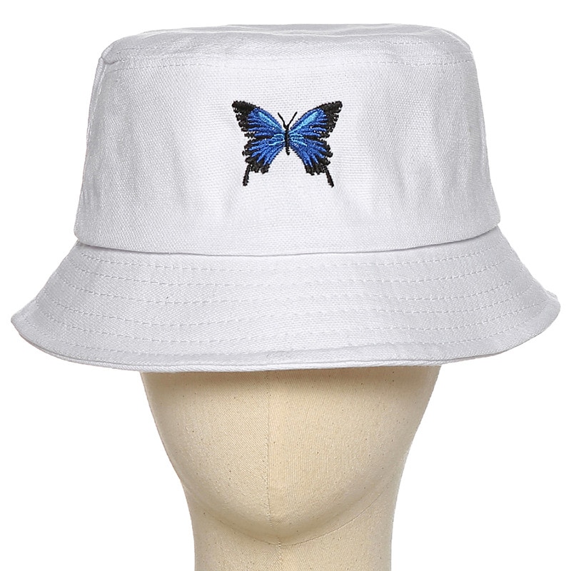 Panama med sommerfugl spand hat kvinder hvid sommerfugl broderi dobbeltsidet sommer fisker hat bob udendørs sol hatte kasket