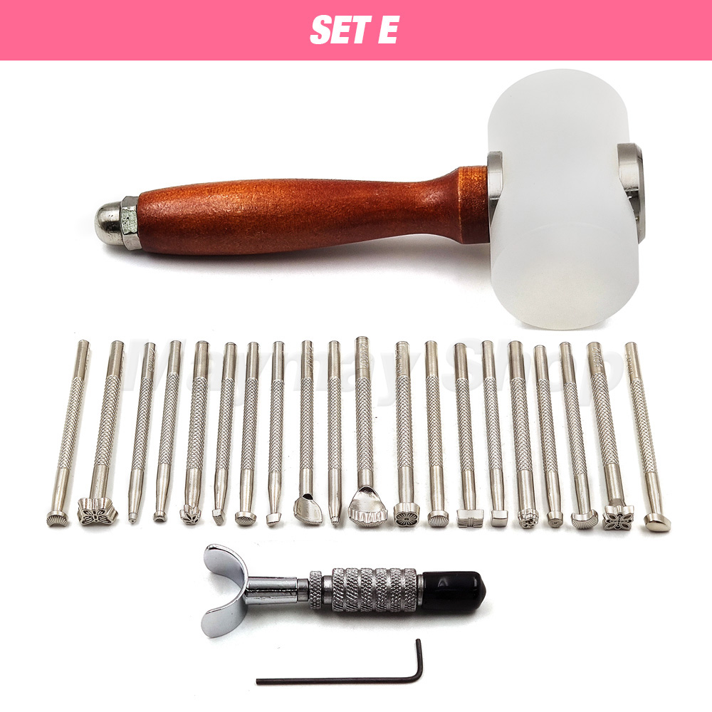 Pine Wood Leathercraft Hand Stitching Clamp Leathercraft Tool Set Kits Leather Punching Carving Saddle Groover Tools Storage DIY: SET E