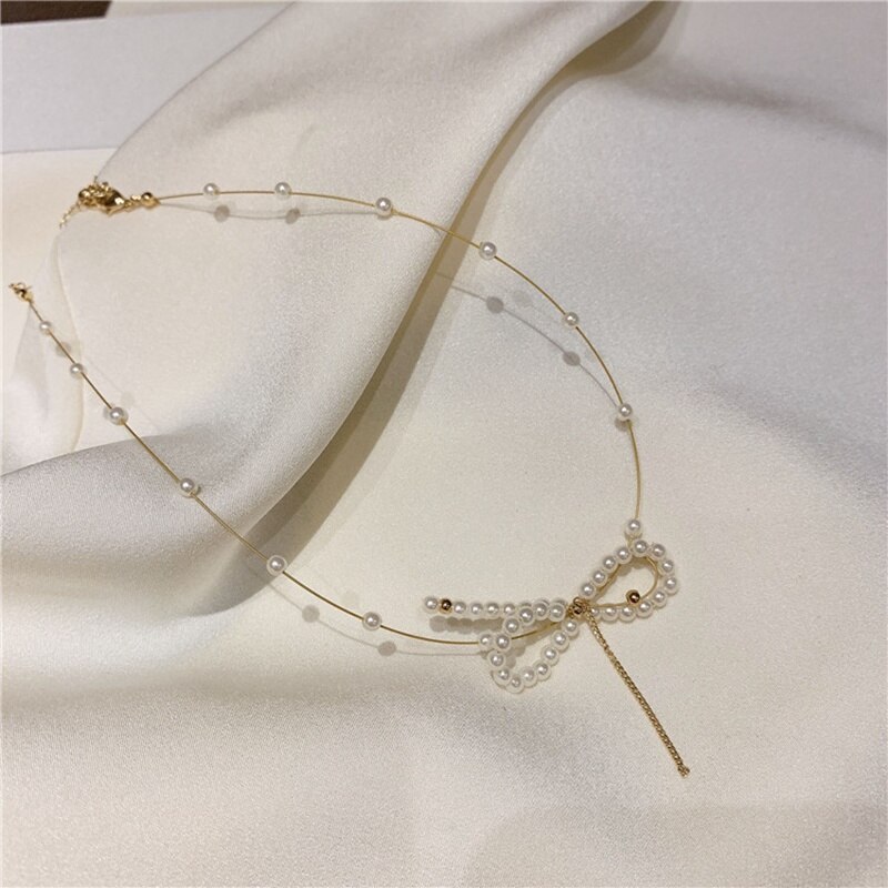 MENGJIQIAO Koreanische Elegante Nette Perle Bowknot Halsband Schmuck Für Frauen Mädchen Fasshion Hochzeit Kette Halskette Schmuckstück Colares
