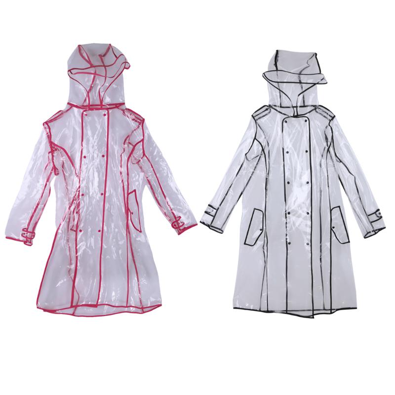 Kvinder eva gennemsigtig regnfrakke vandtæt langærmet hætteklædte windbreaker jakke poncho knælang udendørs regntøj med bælte
