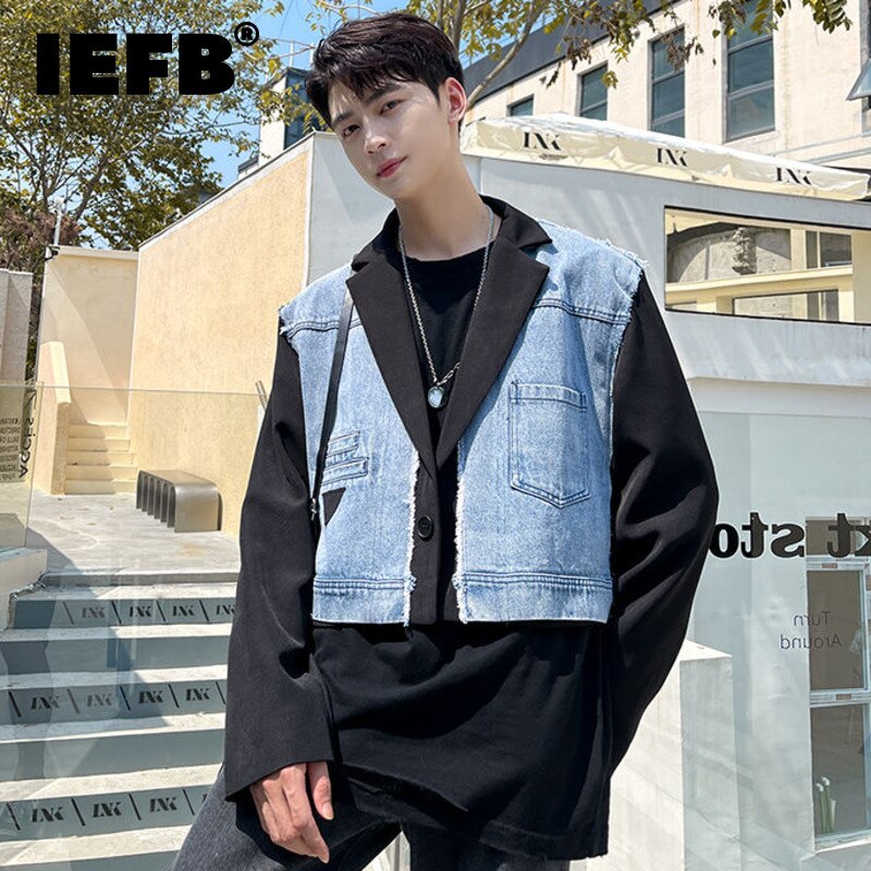 IEFB Menswear Korean Denim Splicing Blazers 2022 Notched Single Button Short Suit Jacket Spring Winter Chic Clothes