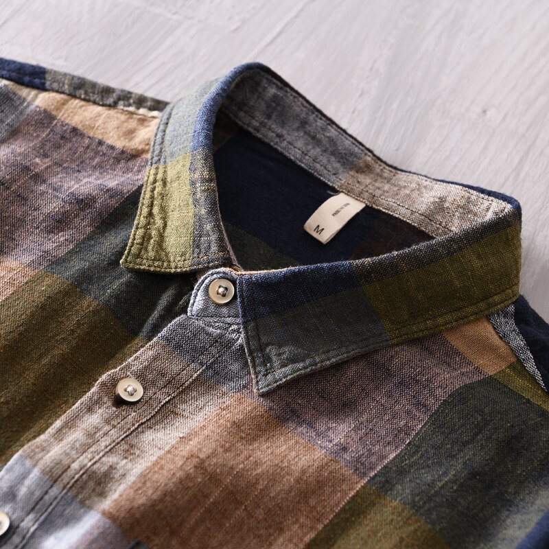 Italienskt märke linneskjorta herr rutiga långärmade skjortor för män avslappnad bekväm skjorta herr overhemd chemise camisa