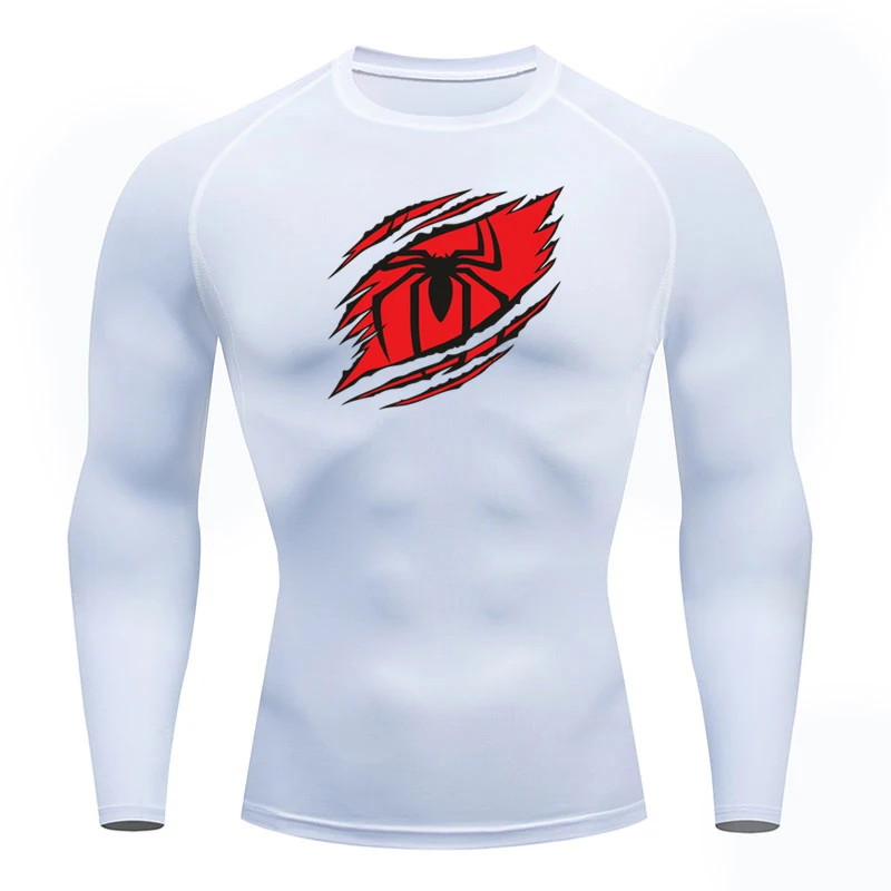 Y2K GYM Compression Tshirts Sport Workout Spider Print T-shirts Mens Running Fitness Tight Long Sleeve Sportswear Top Tee