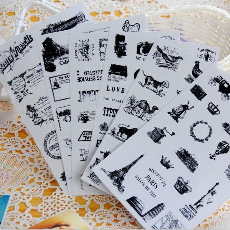 6 stks Vintage Black & White Dagelijks Deco Sticker PVC Transparante Kawaii Dagboek Stickers Kleverige Briefpapier School Kantoorbenodigdheden