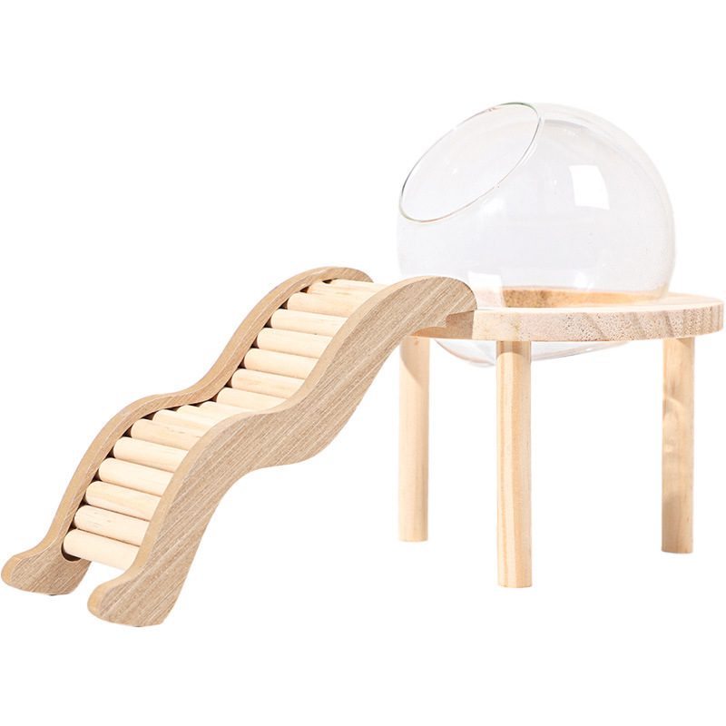 Hamster Bath House with Wooden Ladder Bridge Easy to Clean Climbing Toy Hamster Bathroom Glass Shower Container for Safe Bathing