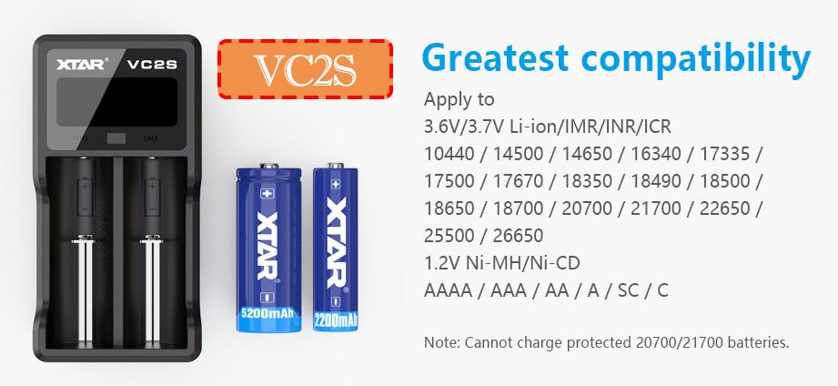 XTAR VC2 VC2 plus VC4 VC2S Colorful VA LCD battery charger for 10440/16340/14500/14650/18350/18500/18650/18700/21700/20700/17500: VC2S