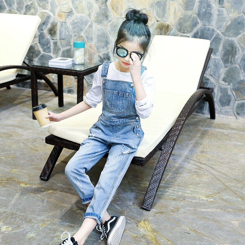 5-14Y Meisjes Denim Overalls Lente Kinderen Jumpsuits Casual Mode Kleding Voor Kinderen Ripped Broek Gewassen Cowboy Jeans Kids J
