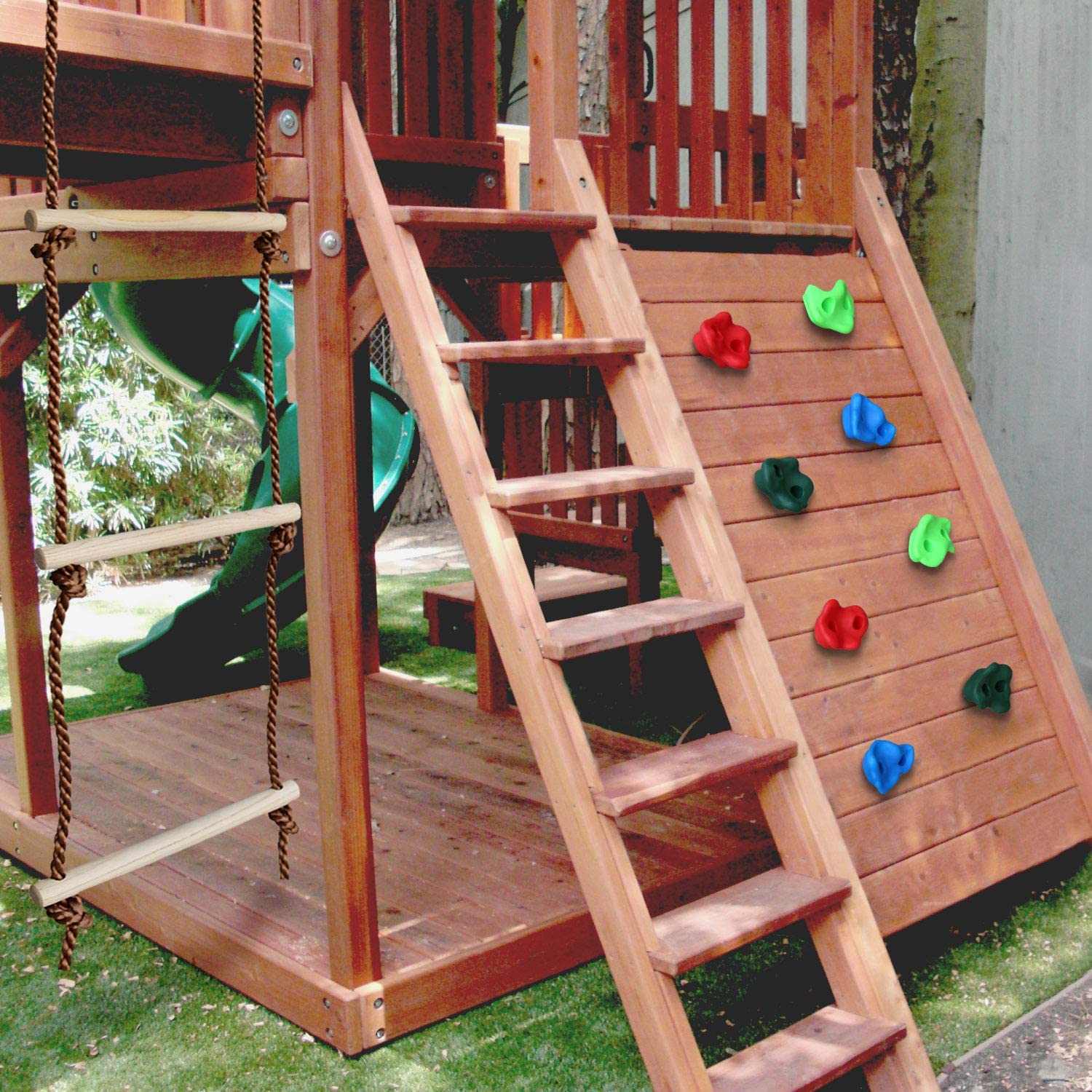 16 Rock Climbing Holds for Kids with Climbing Rope Ladder and 32 Mounting Bolts - Climbing Grips DIY Rock Stone Wall for Kids
