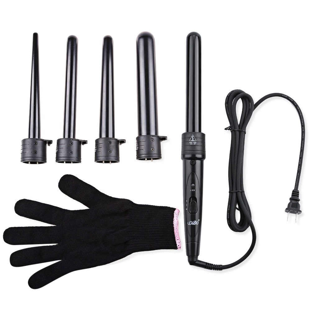 Dodo pro 5 -delige verwisselbare krultang, keramische krultang, multi-size roller, hittebestendige handschoen, stylingset: Zwart / Vk