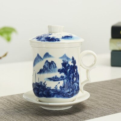 Chinese traditionele kopjes Thee cup met deksel Schotel blauw en wit porselein Theekopje Aardewerk Keramische koffie mok thee set: D