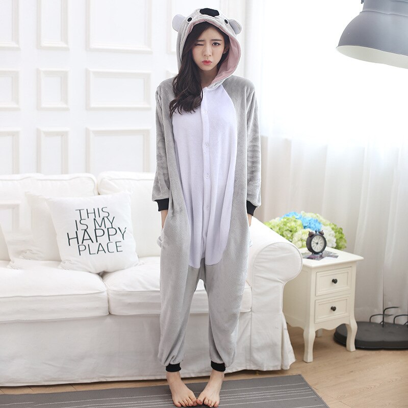 Animal Koala Sleepwear Gray Cute Pajama Adult Women Girl Kigurumis Winter Warm Soft Flannel Onesie Festival Party Outfit Overall