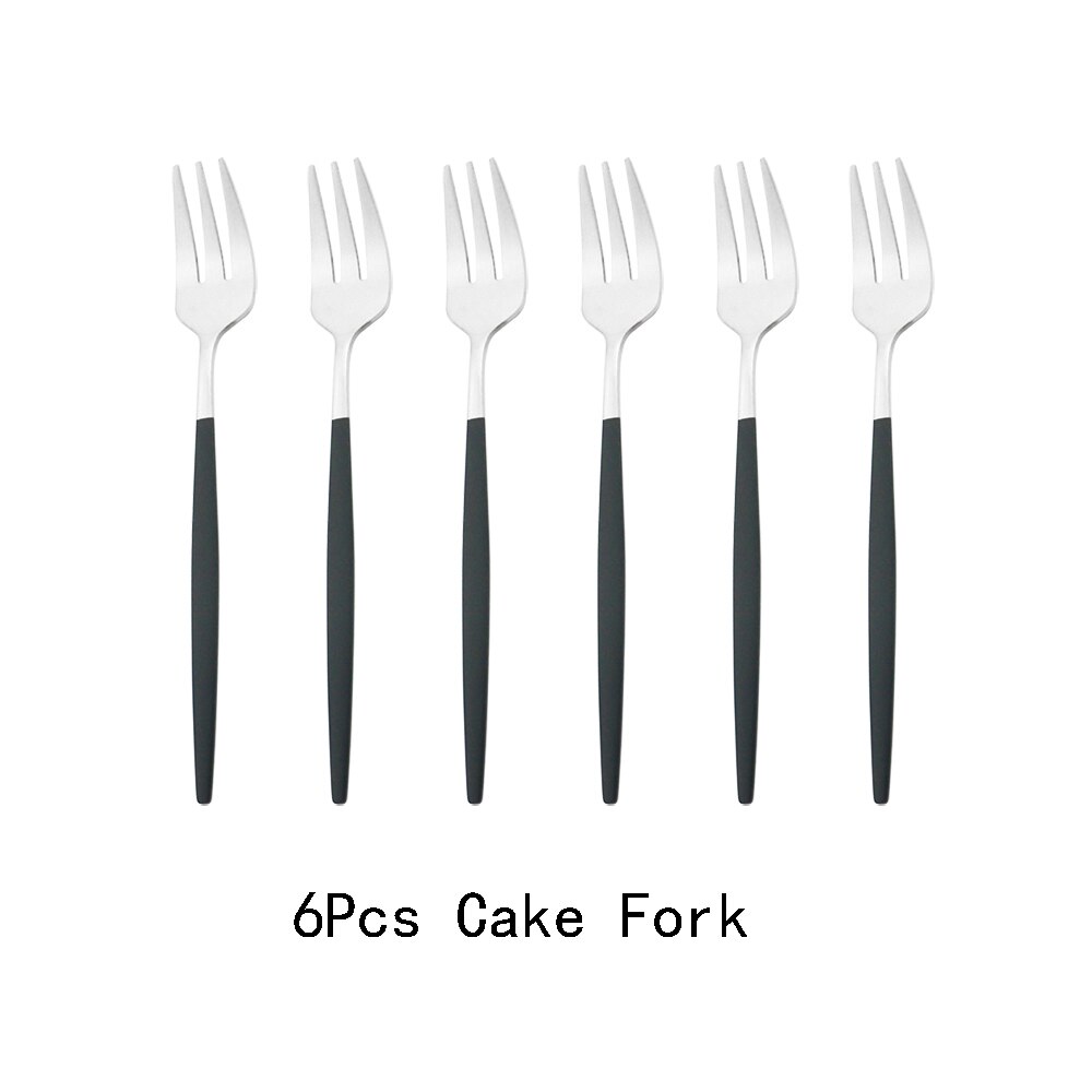 6Pcs Coloful Fork Set Tea Cake Snack Forks Dinnerware Cutlery Matte Stainless Steel Tableware Dessert Fruit Fork Silverware Set: Black Silver