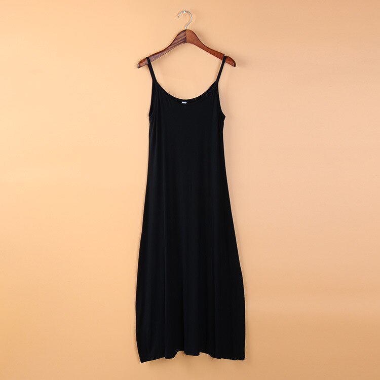 Modal cotton spaghetti strap vest full slip A line big bottom long elastic underskirt plus size solid: Black / XL