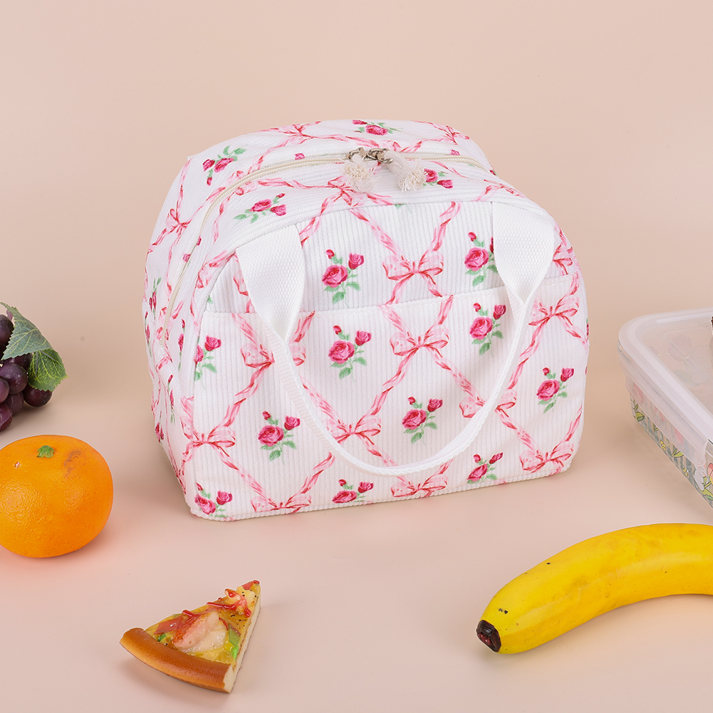 Women Quilted Lunch Bag Large Capacity Hand-Held Cooler Bag Floral Printed Cotton Padded Picnic Bag Travel Picnic Camping Bag: Red