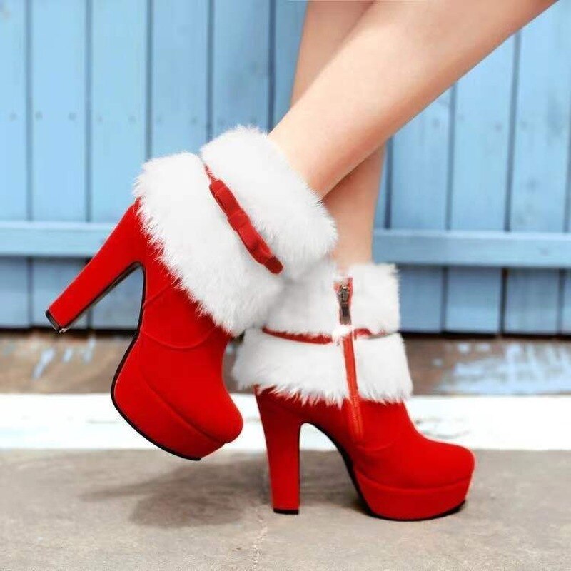 Femmes bottines noël talons hauts plate-forme chaussures Femme hiver fourrure bottes courtes rouge noir dames chaussures de fête grande taille