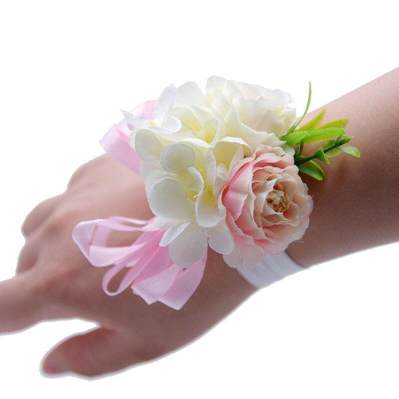 Janevini lichtpaars kunstmatig pioenroos bruidsboeket met lint en zijden bloemen, bruidsboeket met parels en broche: Lichtroze pols
