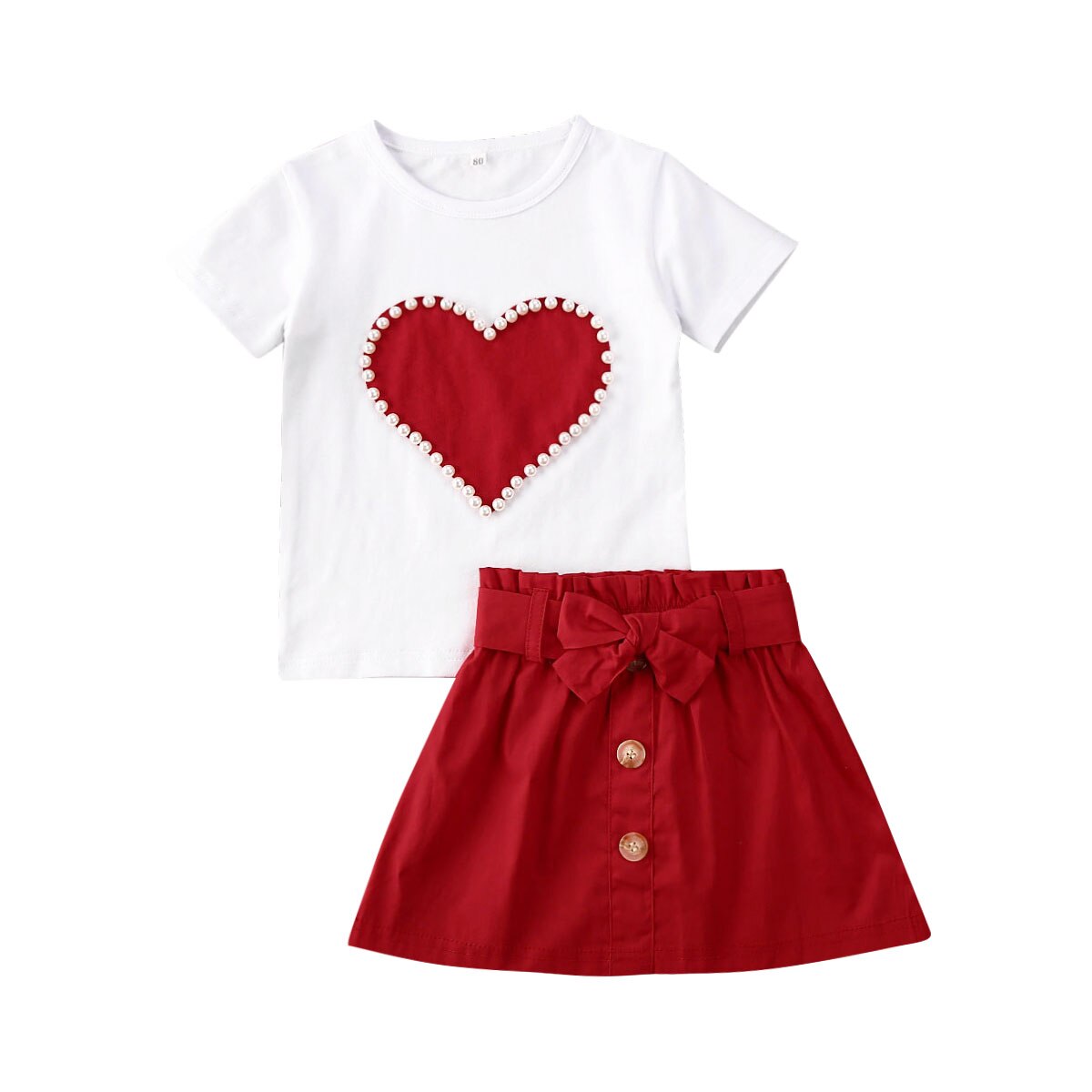 Baby Summer Clothing 1-5T Infant Kid Valentine Clothes Pearls Heart Top Shirt Skirt 2Pcs Set Outfit: Red / 24M
