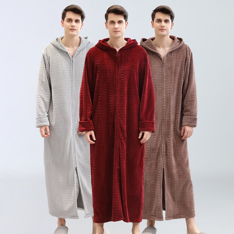 Peignoir Large à capuche pour homme, grande taille, robe de soirée, vêtements d'hiver, flanelle, peluche, fermeture éclair