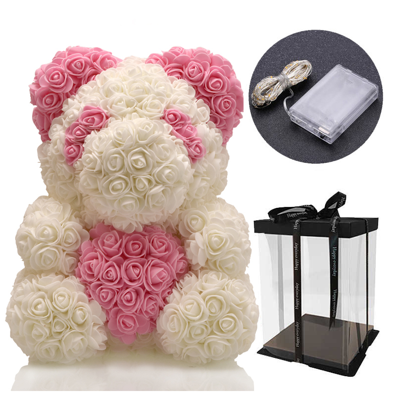 Großen Regenbogen Bär von Rosen mit Kasten 38cm 3D Schaum Rosen Bär Teddybär Kostüm Seife Blume Weihnachten