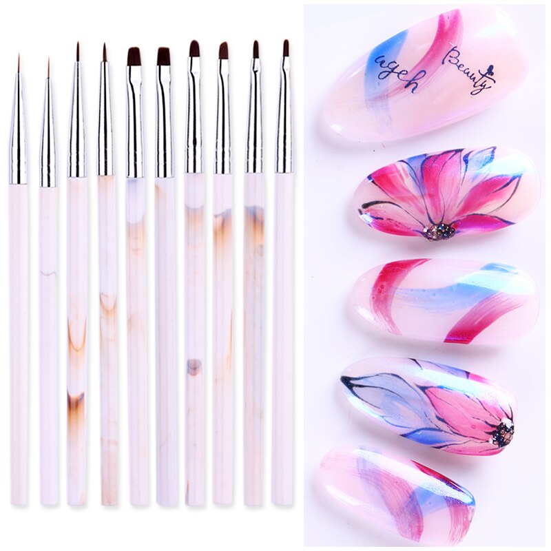 Marmorhandtag nagelkonst akrylborste uv gel liner ritpenna blomma carving måla penslar nail liner diy nail art verktyg