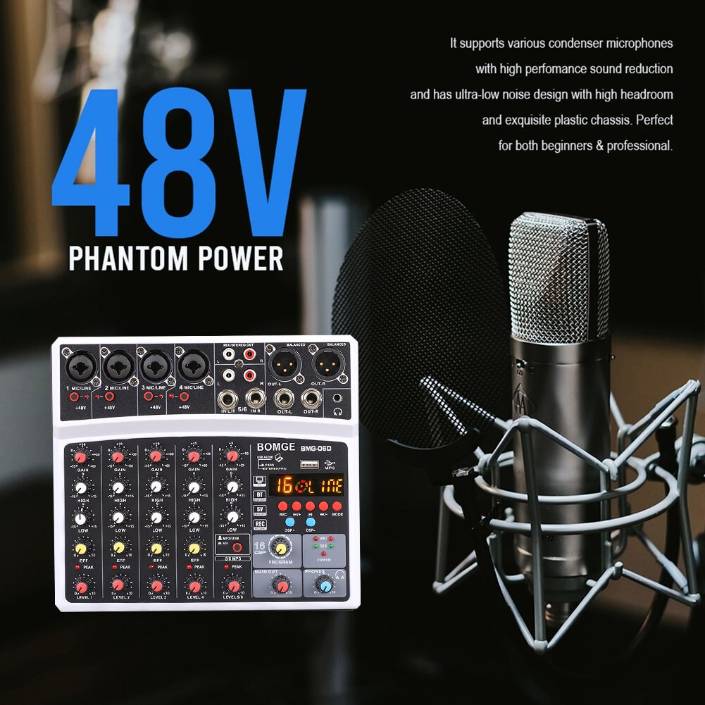 Mixer Audio a 6 canali Console di missaggio a basso rumore supporta l&#39;interfaccia USB compatibile Bluetooth alimentazione Phantom 48V integrata