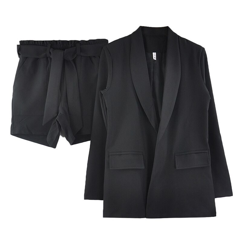 MVGIRLRU Lente zomer Vrouwen twee delige set Blazer Jacket + shorts Vrouwelijke Kantoor Dame Pak vrouwen 2 Delige Set: Black / M