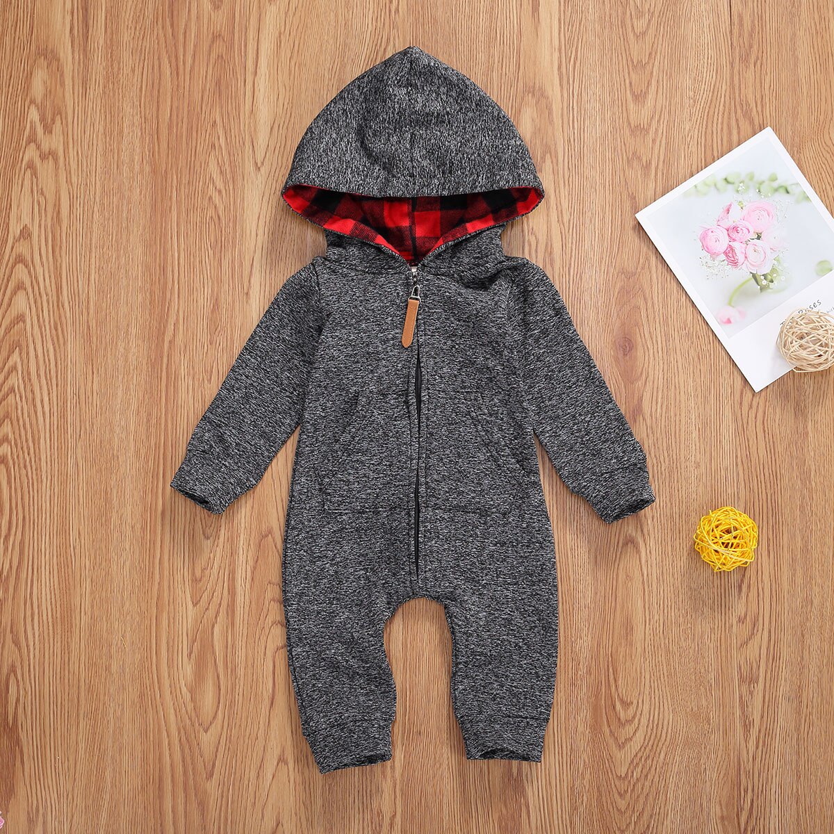 0-18M Baby Boys Girls Hoodie Jumpsuit Zipper Long Sleeve Creepers Romper Outfit with Pocket
