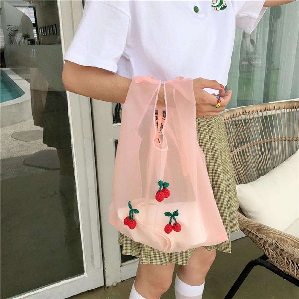 Spring Women Small Transparent Tote Mesh Cloth Bag Daisy Embroidery Handbag Eco Fruit Bag Purse For Girls