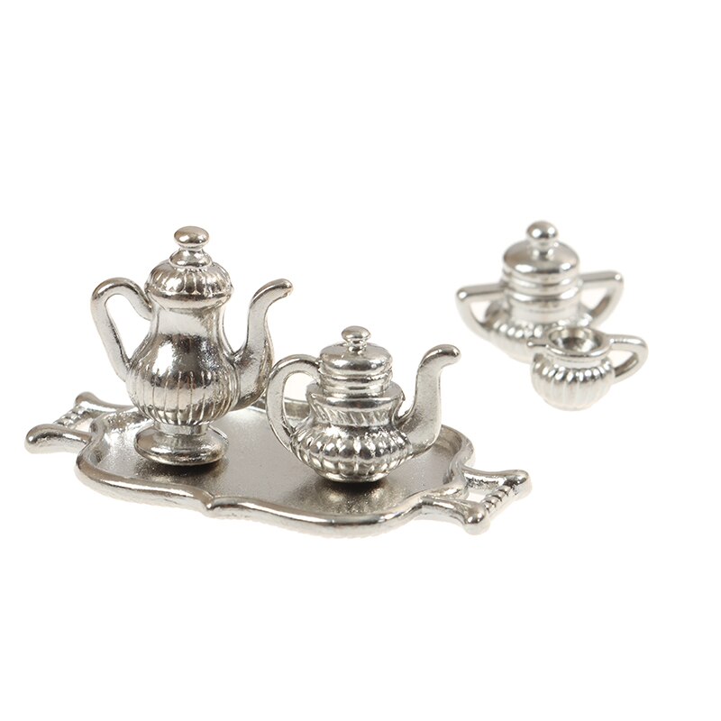 5pcs/Set 1:12 Dollhouse Miniature Metal Kitchen Tea Set Pot Flagon Plate Model For Dollhouse Decoration