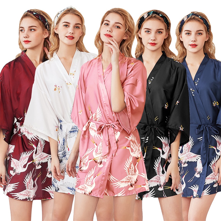 Dames losse pyjama haori satijnen kraan kimono jurk print v-hals nachtkleding jurk nacht traditionele japanse stijl yukata gewaad