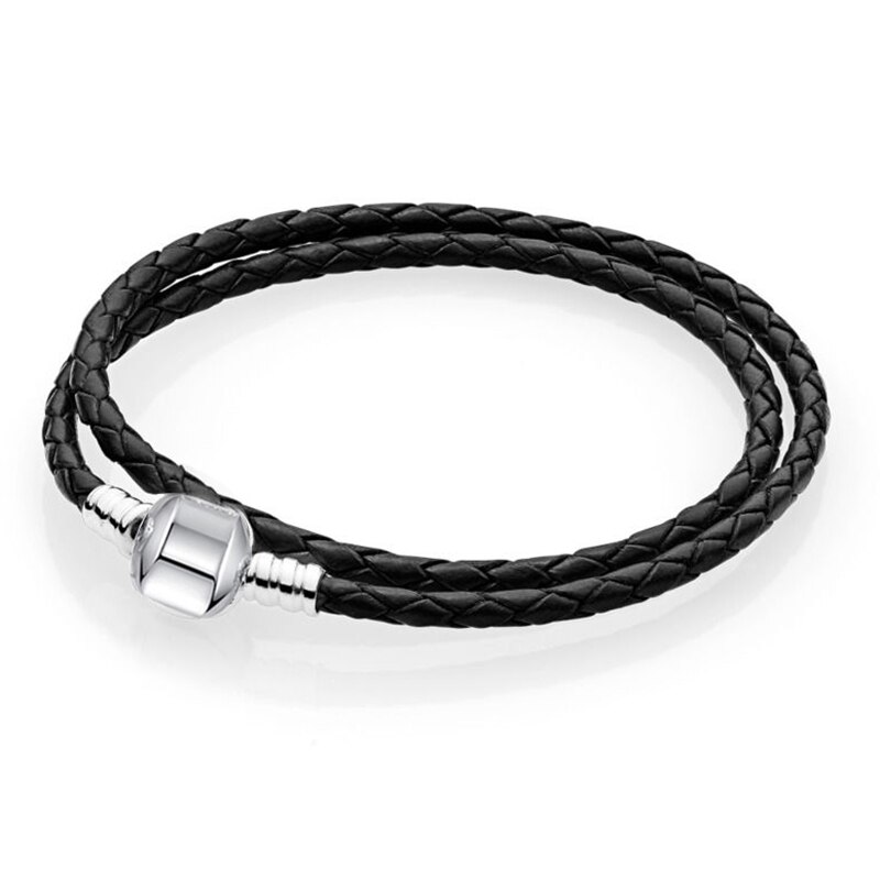 Yexcodes White/Black Leather Chain Charm Bracelet Fits DIY Beads Fine Bracelet for Women Lover Jewelry: Double circle black / 20cm