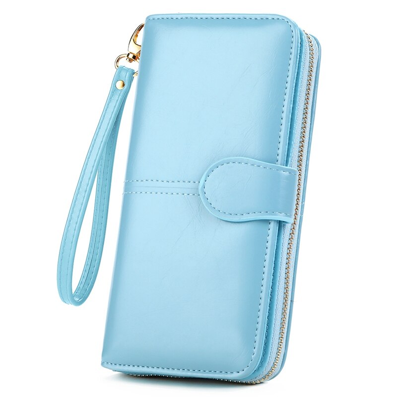 VICUNA POLO Brand Waxy Oil Leather Card Holder Wallet For Women Large Capacity Travel Ladies Wallet Clutch Wristlet Wallets: Sky Blue