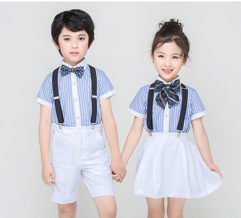 4Pcs Formele Gentleman Jongens Zomer Bruiloft Outfits Witte Rok Blauwe Shirts Met Vlinderdas Meisjes Studenten School Uniform Past