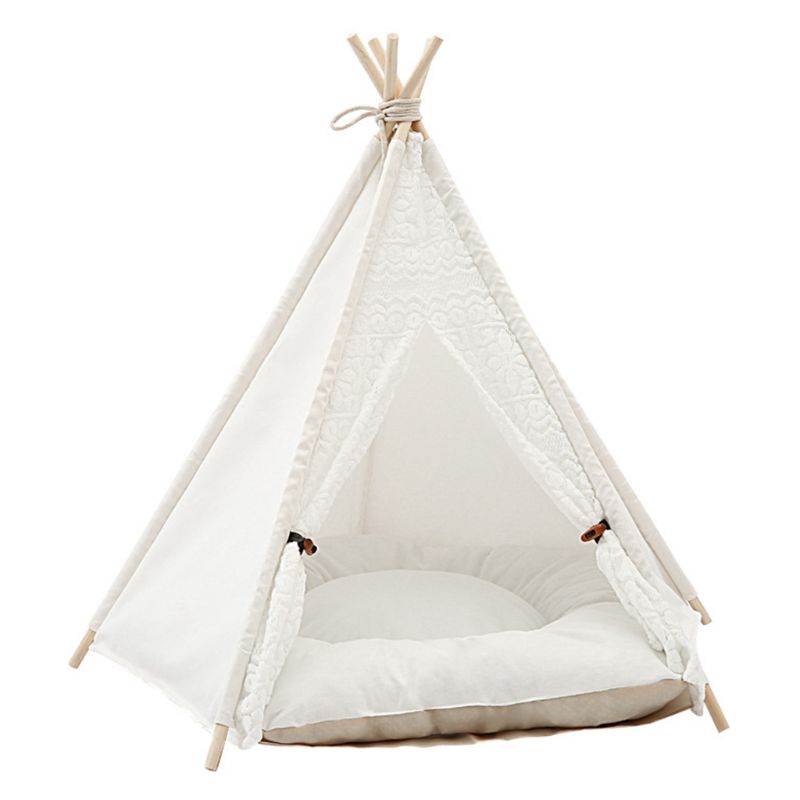 Enkel blonder robust trekant kæledyr teepee seng med pude luksus hundekatte telte kæledyr tipi seng