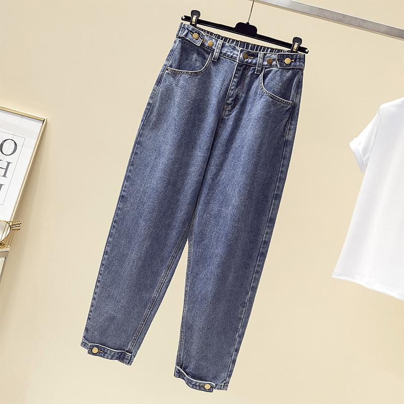 Jean ample taille haute pour femme, pantalon sarouel en Denim, longueur cheville, 100kg, automne: Blue  1918 / XL
