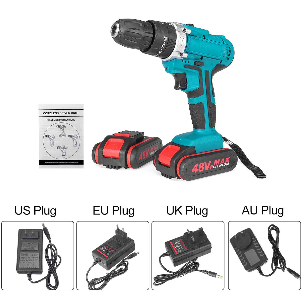 48V AU/US/EU/UK Plug Cordless Hand Drill Home Electric Screwdriver Wireless Power Driver DC Lithium-Ion Battery Rechargeable: Blue 13000mah 48V / EU