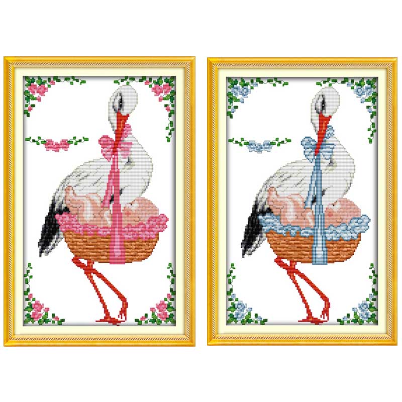 Red-crowned Cranes with the Baby Counted Cross Stitch 11CT 14CT Cross Stitch animals Cross-Stitch Kit Embroidery for Needlework: Green / 14CT blank canvas