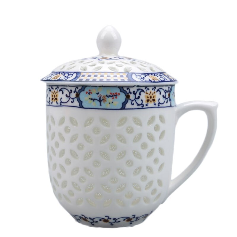 Exquisite 300Ml Jingdezhen Holle Honingraat Keramische Porselein Thee Cup Gezondheid Cup Mok Melk Koffie Thee Cup Met Deksel schotel