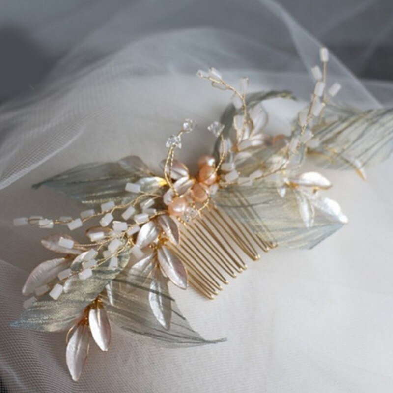 metal Leaves Pearl Mori crepe Hair combs women girls party Headwear bride headpiece: big size